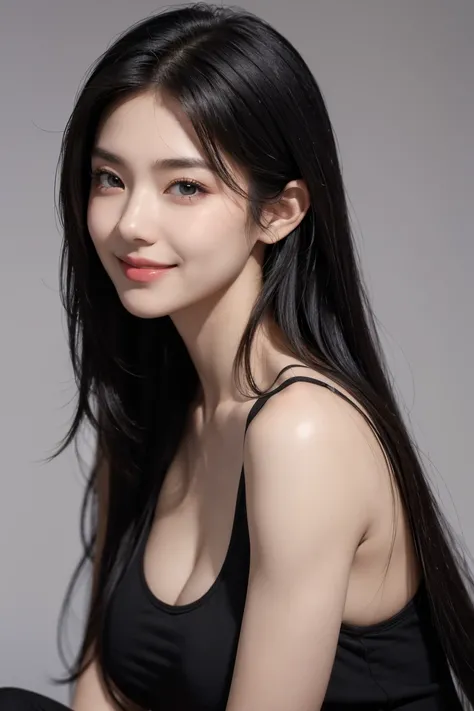 masterpiece, best quality, photorealistic, raw photo, 1girl, Black Long hair, Large breast, Black Muscle Shirt , light smile, detailed skin, pore, simple background, Upper-body, facing the viewer, close-up