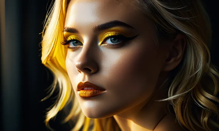 (film grain),ultrarealistic 4k,photoart_style,(yellow and black, vivid, minimalist, beautiful blonde face, golden make-up,side view profile),realistic, Wide angle lens, high contrast, dark black tone,Cinematic Lighting, movie-level texture, hand-painted de...