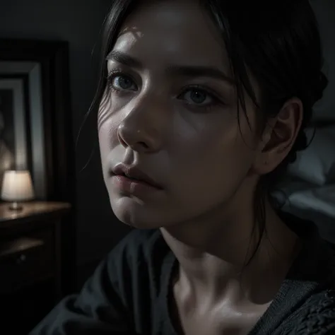 a person sitting on a bed in a dark room, head down, detailed face, melancholy expression, cinematic lighting, dramatic shadows, moody atmosphere, oil painting, high quality, photorealistic, intricate details, somber color palette, chiaroscuro lighting