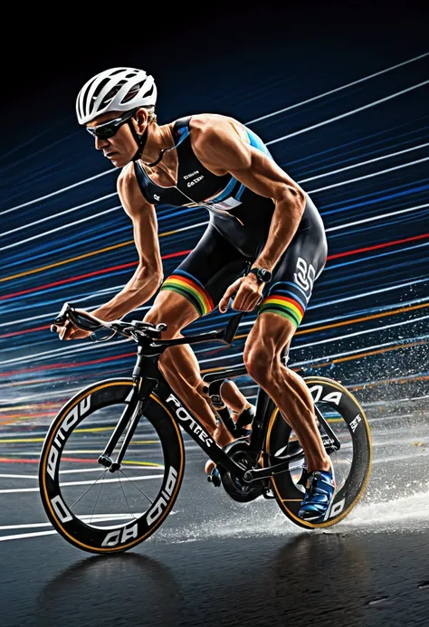 Olympic Games, triathlon Athletes, full body, (Motion Blur, action-lines, speed-lines), cinematic still, (best quality, masterpiece, photorealistic), very aesthetic, perfect composition, intricate details, ultra-detailed, vivid colors