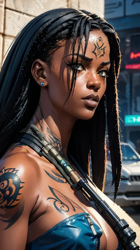 a close up of a woman with tattoos on her body, cyberpunk art by Eddie Mendoza, trending on deviantart, auto-destructive art, female alive, alive, zenescope, art gta 5 comics, post - apocalyptic vibe, apocalyptic art, dead and alive, as illustrated in top ...