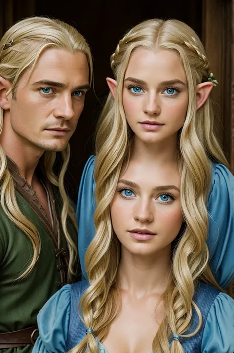 Abigail Cowen dressed as an elf close up with blonde hair and blue eyes, behind her is orlando bloom like legolas and he is in middle earth 