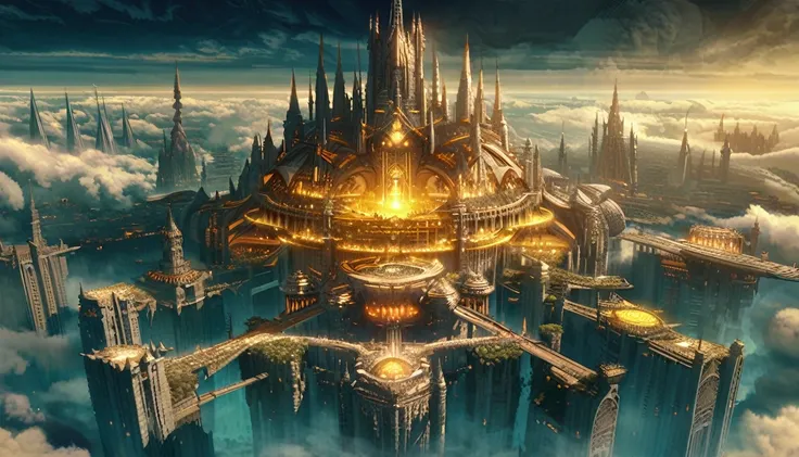 a close up of a city in the sky with a lot of clouds, cathedral of sun, huge futuristic temple city, big and structured valhalla...