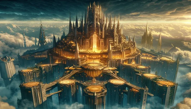 a close up of a city in the sky with a lot of clouds, cathedral of sun, huge futuristic temple city, big and structured valhalla...