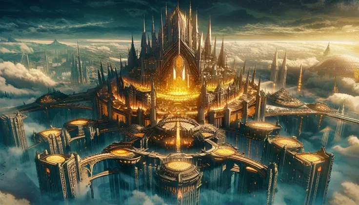 a close up of a city in the sky with a lot of clouds, cathedral of sun, huge futuristic temple city, big and structured valhalla...