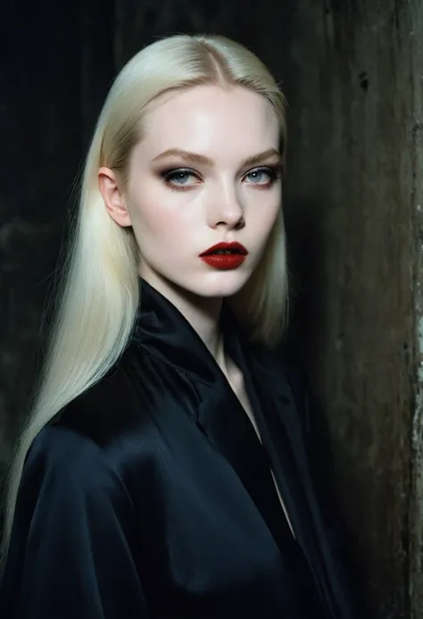 female vogue model 18yo with pale skin, sleek hair, strong make-up, pat mcgrath-style, wearing boris bidjan saberi, 1990s vogue-style, setting is an artsy, ad-magazine-style, style indoor environment dark and stunning, atmosphere is dim, dreamlike, dark am...