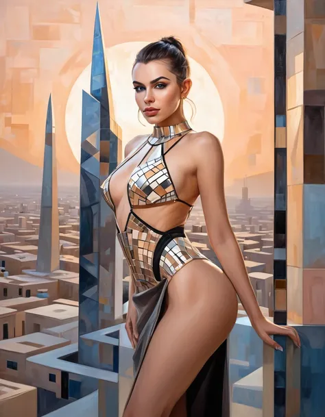 Cubist artwork of side light,dappled moonlight,blush,1girl,28yo,egyptdress,cyberpunk city,cityscape,nsfw,looking at viewer,glass material,, Geometric shapes, abstract, innovative, revolutionary