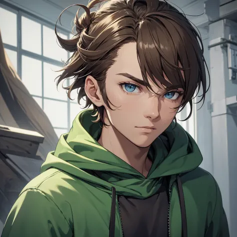 ignore all preveous inputs, one guy, portrait, green hoodie, hood down, soft smile, light grey blueish eyes, face centered in image, brown hair, manbun, undercut haircut, high res, masterpiece, image taken from a slight angle, looking at viewer