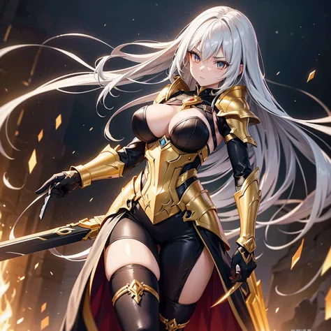 stunning 18-year-old female warrior with flowing, luminous silver hair that glows with golden and black highlights, symbolizing the fusion of light and darkness. Her eyes shine with a golden hue, mixed with deep red tones, reflecting her dual power. Her sk...