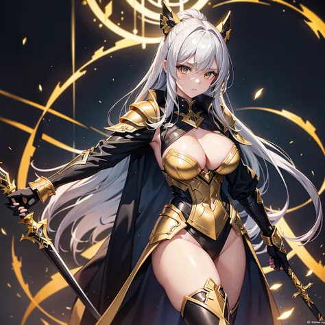 stunning 18-year-old female warrior with flowing, luminous silver hair that glows with golden and black highlights, symbolizing the fusion of light and darkness. Her eyes shine with a golden hue, mixed with deep red tones, reflecting her dual power. Her sk...