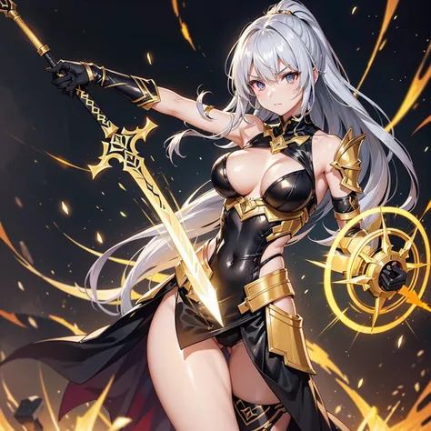 stunning 18-year-old female warrior with flowing, luminous silver hair that glows with golden and black highlights, symbolizing the fusion of light and darkness. Her eyes shine with a golden hue, mixed with deep red tones, reflecting her dual power. Her sk...