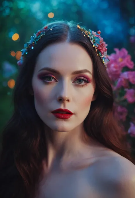 female vogue model 35yo with pale skin, beautiful evil slavic woman, pale skin, long hair, James Bidgoodis marked by its vibrant, colorful fantasy and theatricality. Using the artists namewill almost certainly infuse the outcome with sparkle, flowers, colo...