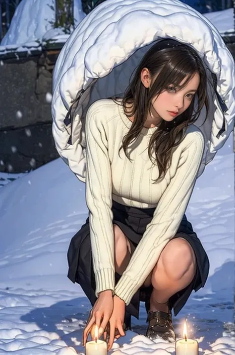 Hundreds of candles lit in a snow cave in Snow Country, Sweater and skirt, wonderful, masterpiece, At night, Cute 13 year old girl, Crouching down, looking straight ahead