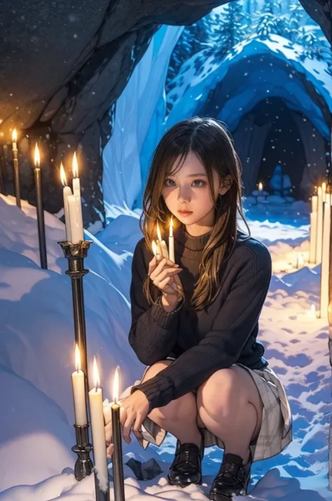 Hundreds of candles lit in a snow cave in Snow Country, Sweater and skirt, wonderful, masterpiece, At night, Cute 13 year old girl, Crouching down, looking straight ahead