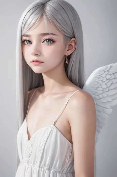 ((detailded)) ((fly away)) A 13 year old with skin as clear as snow, white hair and dark golden eyes. Wear a simple white dress like a mullet but very beautiful. She has grayish angel wings. Uma feição séria mais fly away. 