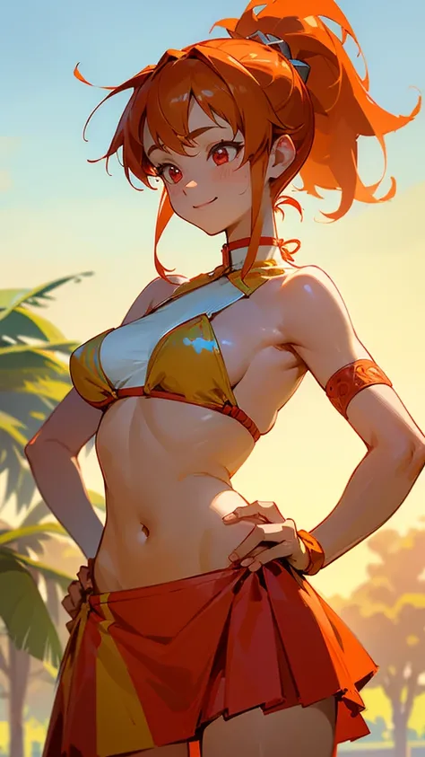 1 girl、、Sharp focus、(Bokeh) (Highest quality) (Detailed skin:1.3) (Intricate details) (anime)、Orange Hair、ponytail、Beautiful red eyes、18-year-old、(Keep your hands on your hips)、chest、Slim figure、bikini、A pareo skirt with bold ethnic patterns and plenty of ...