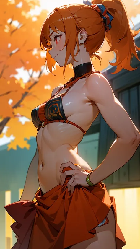 1 girl、、Sharp focus、(Bokeh) (Highest quality) (Detailed skin:1.3) (Intricate details) (anime)、Orange Hair、ponytail、Beautiful red eyes、18-year-old、(Keep your hands on your hips)、chest、Slim figure、bikini、A pareo skirt with bold ethnic patterns and plenty of ...