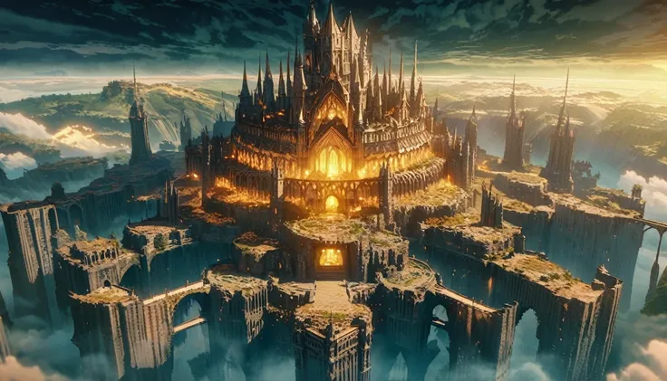 anime scenery, anime aestetics, gigantic castle, huge structure, medieval fantasy architecture, floating platforms, castle of fi...