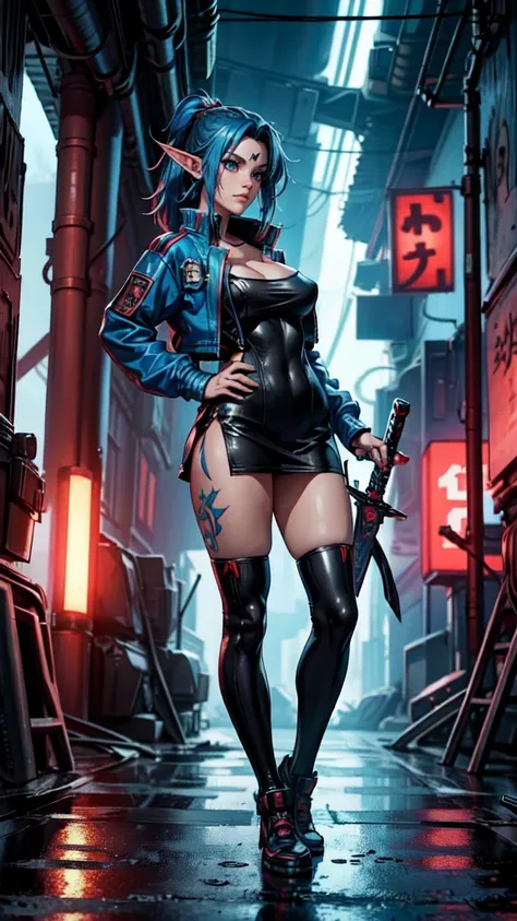 a girl Wearing a power fist on the right hand Holding a cyberpunk sword in his right hand red blue punk head big breasts cyberpunk shirt jacket Standing alone in a corner of the sci-fi city Japanese anime style role conception Front view Side view,, , sexy...