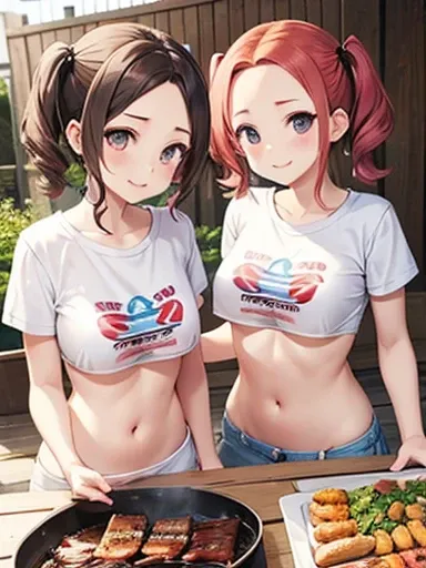 Mother and two daughters、naked、barbecue、T-Shirts、Showing underboob、naked、short hair with twin tails、Wide forehead