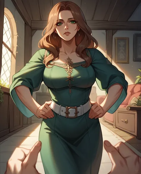 {{upper body, dutch angle}} {{Artist: sincos}} 1girl, mature female, brown hair, long hair, green eyes, black dress, white belt, indoors, living room, standing, hands on hips, pov, medieval fantasy.