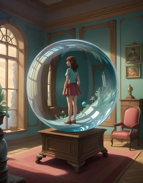 fantasy image, a glass sphere in a room reflects a girl in that room,  fullcolor