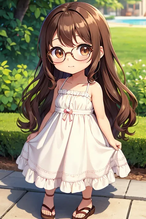 chibi , whole body , big brown eyes , glasses , long wavy hair without bangs , brown hair , white summer dress with straps , bea...