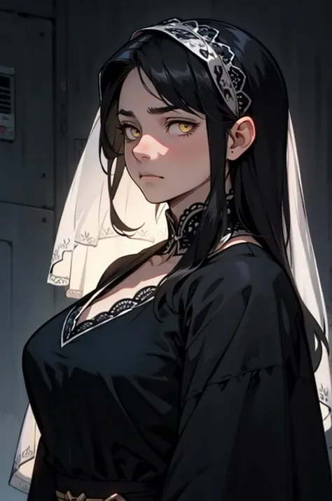 expressionless sad sad girl dark atmosphere veil black hair yellow eyes pale skin muscular girl large breasts traditional clothes lace fabric muscular toned body gloomy