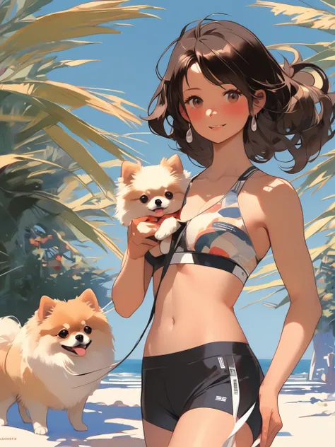 Sexy athlete in sport bra walking with a Pomeranian. Style by Makoto Shinkai. Style by J.C. Leyendecker. 