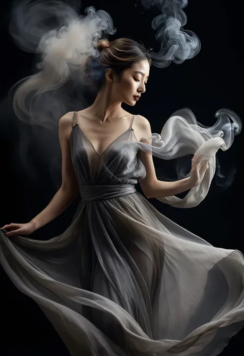 a woman made of smoke, elegant flowing fabrics, delicate ink wash painting, graceful dance, cinematic lighting, cinematic, spiritual, ethereal, surreal, juliana nan, mandy disher, masterpiece, best quality, 8k, extremely detailed, hyperrealistic, volumetri...