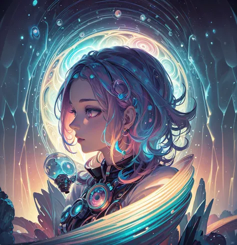 Close-up of a woman with colorful hair and a circular painting, Beeple and Jeremiah Kettner, Psychic Trance Artwork, Trippy Art, Visionary artistic style, Psychedelic Art style, Psychedelic Surreal Art, Psychedelic Art, Psychedelic Goddess, Colorful digita...