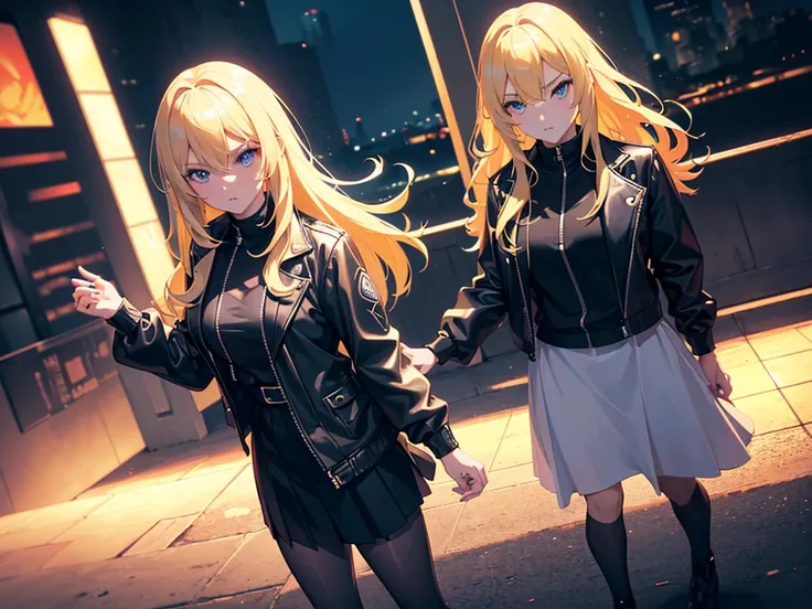 anime, Style, a blonde lhaired girl, black jacket, black skirt, walking on a futuristc city with neon lights ,(best quality, 4k, 8k, high resolution, obra-prima: 1.2), ultra-detailed, (realista, fotorealista, foto-realista: 1.37) colorido com vibrantes cor...