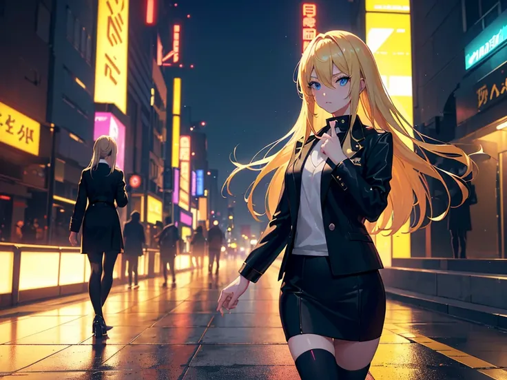 anime, Style, a blonde lhaired girl, black jacket, black skirt, walking on a futuristc city with neon lights ,(best quality, 4k, 8k, high resolution, obra-prima: 1.2), ultra-detailed, (realista, fotorealista, foto-realista: 1.37) colorido com vibrantes cor...