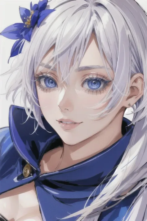 White hair,shorth hair,hair between the eyes,blue colored eyes,colored eyelashes,gaping mouth, ssmile, ((detalhes perfeitos)) ((deep eyes))