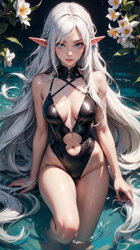 Cat Girl Beauty Swimsuit Big Open Legs Long Hair White Hair,darkness,full body,detailed eyes, detailed hands, detailed eyes, elf woman, flowers
