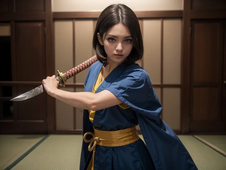 A pretty woman dressed in blue and yellow holds a sword., japanese live action movie de dc, japanese live action movie, anime fight, Unveiling your katana, she is ready to fight, scene from a live action movie, posing for a fight, Hand-to-hand combat with ...