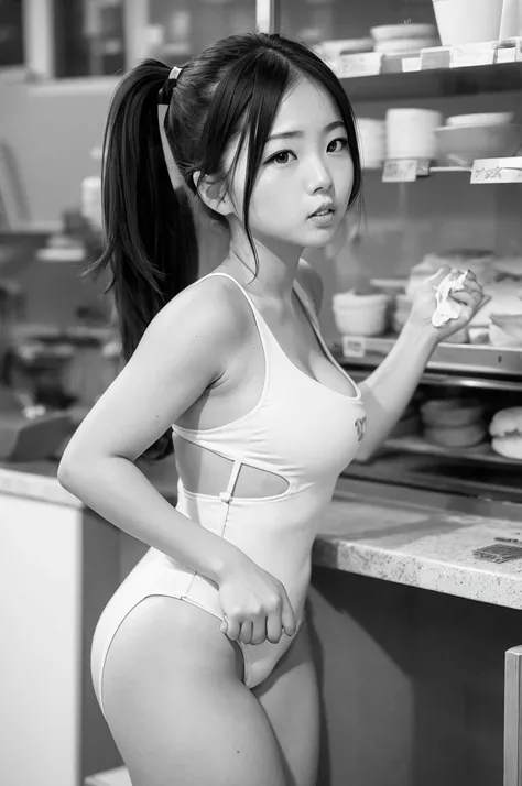 cute japanese woman smashing cream pies in a bakery, wearing a one-piece swimsuit, round eyes, twin tail hair, full lips, bip lips, luscious lips