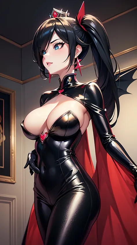 Erotic　Rosalina　Black hair ponytail tall busty adult married woman yellow sequins female executive in rubber suit red black background heart bedroom dark theme evil fall temptation excitement sneer sexy pose upper body emphasis angle from below bat wings s...