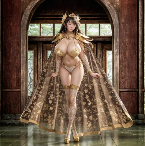 Anime style image of woman wearing sexy lingerie and cape, Full body fairy, Beautiful fantasy queen, She exhibits sexual arousal and intense desire，Transparent underwear，Sheer clothing，high-cut underwear，Huge breasts，girl，诱人的动漫girl, Hino Rei plays the prin...