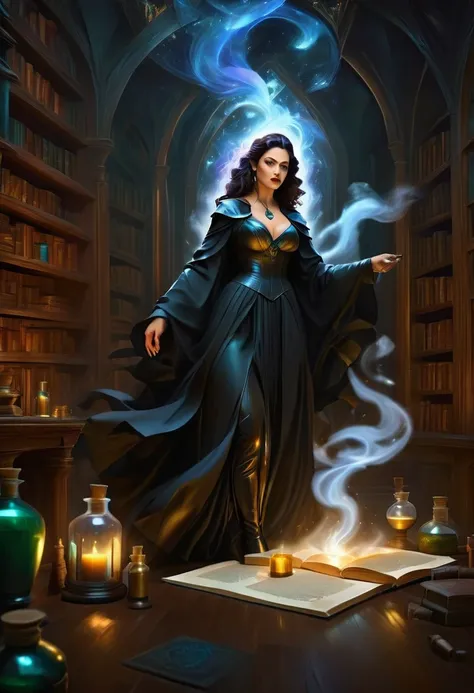 a sorceress casting a AlchemyPunkAI spell in magical library exquisite beautiful human woman ((full body shot: 1.5)), ((anatomically correct: 1.5)) (ultra detailed face: 1.2), dynamic skin complexion, dynamic hair style, dynamic hair color,  she is wearing...