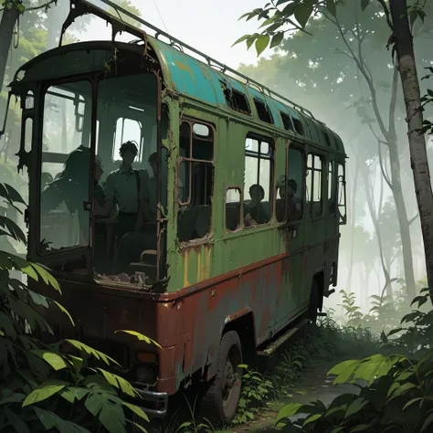 In the dense forest, among the lush green foliage, lies a scene of decay and abandonment. A road bus, Once a symbol of travel and adventure., now lies completely forgotten. Its metal casing is covered in rust., that slowly consumes its structure. Windows t...