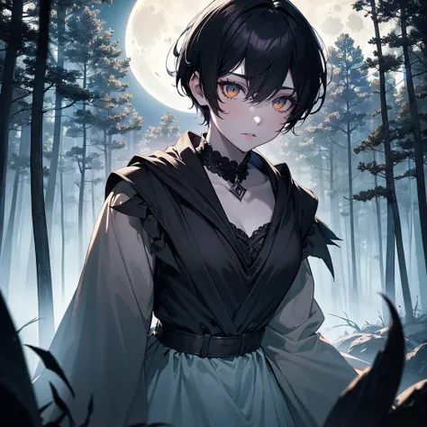 1 woman, black pixie cut hair, pale skin, small mouth, small amber eyes, witch costume, full moon in sky, dark forest backdrop, ethereal, moody lighting, cinematic, dramatic, fantasy, magic, occult, supernatural, hyper detailed, intricate, masterpiece, ult...