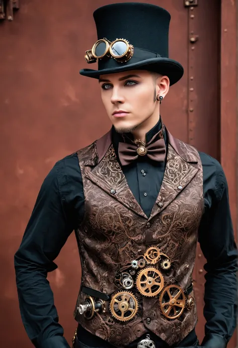 Fashion Steampunk, vest, high collar shirt, Top hat with mechanical gears, y mascara steampunk