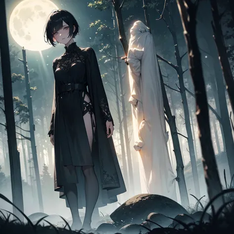 1 woman, black pixie cut hair, alternative haircut, pale skin, delicate feminine mouth, small amber eyes, magic mushrooms in the floor, witch costume, full moon in sky, dark forest backdrop, ethereal, moody lighting, cinematic, dramatic, fantasy, magic, oc...