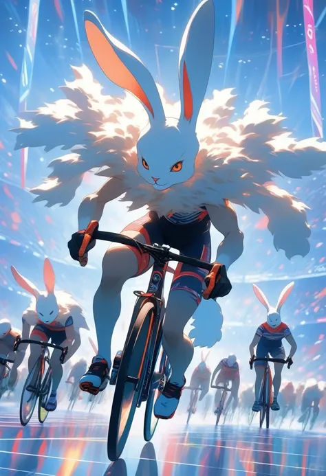 ((Masterpiece)), ((Best Quality)), (Very Detailed), ((Very Detailed)), 4K, (8K), very aesthetic, absurdres highres, 1 girl, (anthropomorphic Rabbit, furry, kemono:1.5), Olympic cyclists are running on banks in an indoor stadium. Athletes lean forward to el...