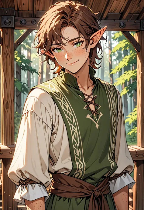 male, solo, slim waist, fit, long luscious brown hair, freckles, green eyes, elf, light tan skin, clean shaven, blush, cabin deck, forest, medieval clothes, young, feminine male, smile, shy pose, loose poet shirt, close up