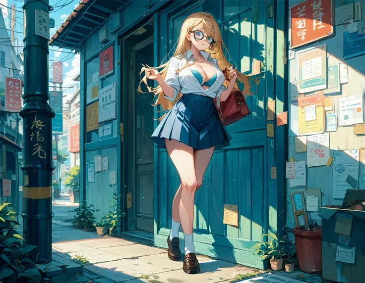 Long haired girl wearing glasses、An unbuttoned white shirt、Big breasts and blue bra sticking through pure white shirt、Blue flared skirt、She lifts her skirt to show her cute white underwear、Bare legs, white socks and leather shoes、Standing posture