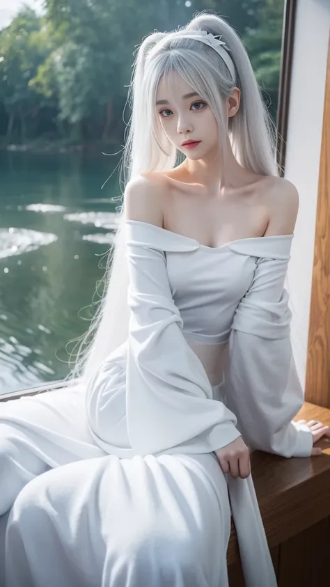 Kasugano Sora,Long white hair,Double tail,Headband,Hair accessories, (masterpiece, best quality:1.2), 1 Girl, Solitary, ((Off-shoulder clothes)), Deep in Wonderland，Moonlight falls like water，Foggy Room，The heroine&#39;s figure is vaguely visible，Like a fa...