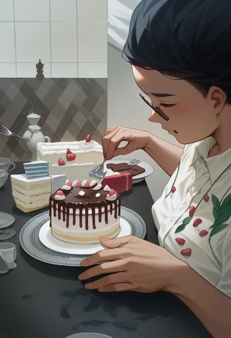 woman in white shirt cutting a chocolate cake on a plate, baking a cake, cake art, icing on head and shoulders, chocolate frosting, food stylist, eating cakes, celebrating a birthday, cake, cake in hand, cakes, holding a birthday cake, cake sculpture, drip...