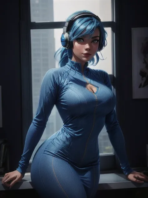 curvy woman with blue hair and headphones posing in front of a window, artgerm and lois van baarle, 极其详细的Artgerm, style artgerm, Alena Aenami e Artgerm, artgerm julie bell beeple, Tracer in a skintight dress, no style artgerm